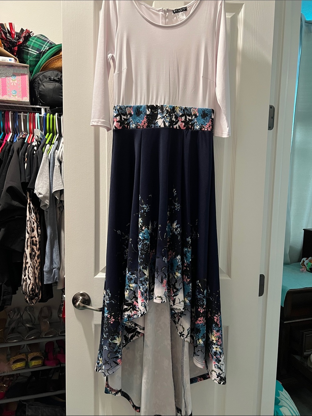 VENUS Light Pink Top with Navy Floral High-Low Skirt
